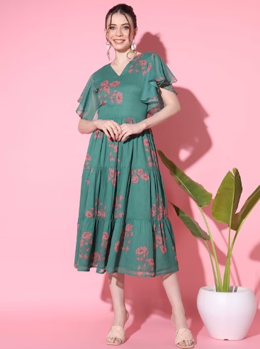 [ Ready SG Stock ] Chiffon Floral Printed Flutter Sleeve Tiered Midi Dress with Linings- Indian Dresses