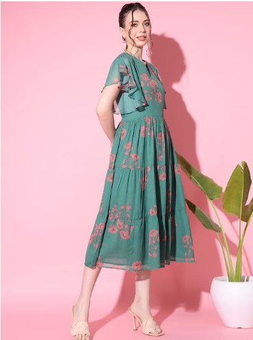 [ Ready SG Stock ] Chiffon Floral Printed Flutter Sleeve Tiered Midi Dress with Linings- Indian Dresses