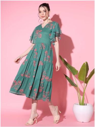 [ Ready SG Stock ] Chiffon Floral Printed Flutter Sleeve Tiered Midi Dress with Linings- Indian Dresses