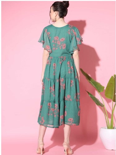 [ Ready SG Stock ] Chiffon Floral Printed Flutter Sleeve Tiered Midi Dress with Linings- Indian Dresses