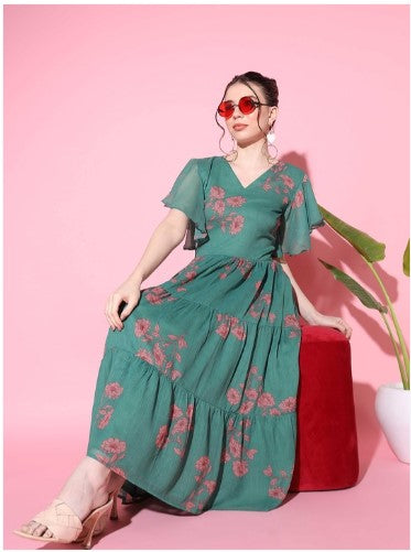 [ Ready SG Stock ] Chiffon Floral Printed Flutter Sleeve Tiered Midi Dress with Linings- Indian Dresses