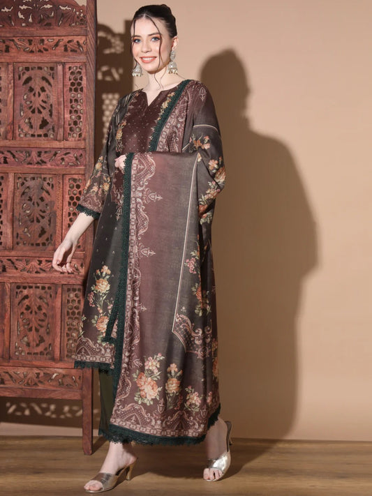 [ Ready SG Stock ] Brownish-Green Muslin Straight Pakistani Punjabi Suit with Full Inner- Indian Dresses