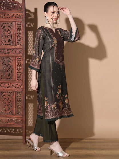 [ Ready SG Stock ] Brownish-Green Muslin Straight Pakistani Punjabi Suit with Full Inner- Indian Dresses