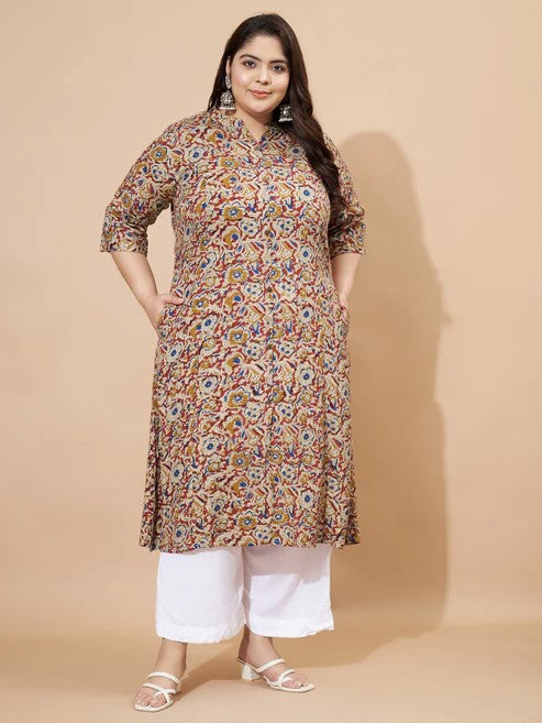 [Ready SG Stock] Plus Size Rayon Beige Floral A-Line Punjabi Kurta/ Top Only  [Indian Casual Dresses]