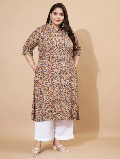 [Ready SG Stock] Plus Size Rayon Beige Floral A-Line Punjabi Kurta/ Top Only  [Indian Casual Dresses]