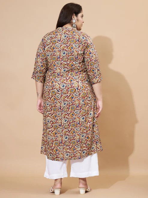 [Ready SG Stock] Plus Size Rayon Beige Floral A-Line Punjabi Kurta/ Top Only  [Indian Casual Dresses]