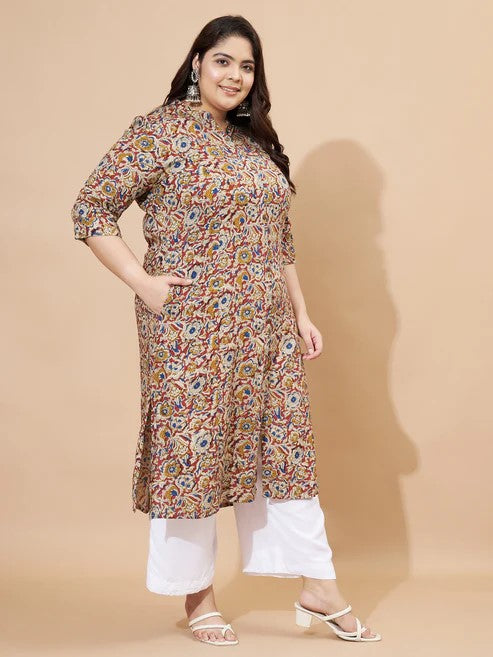 [Ready SG Stock] Plus Size Rayon Beige Floral A-Line Punjabi Kurta/ Top Only  [Indian Casual Dresses]