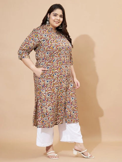 [Ready SG Stock] Plus Size Rayon Beige Floral A-Line Punjabi Kurta/ Top Only  [Indian Casual Dresses]