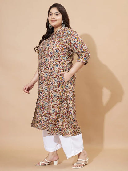 [Ready SG Stock] Plus Size Rayon Beige Floral A-Line Punjabi Kurta/ Top Only  [Indian Casual Dresses]
