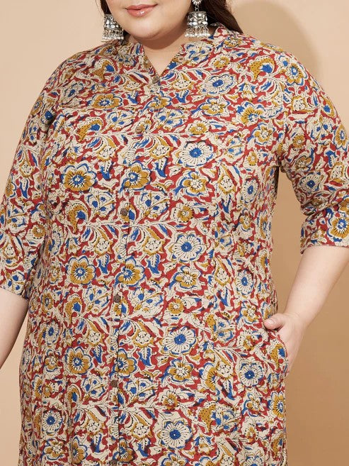 [Ready SG Stock] Plus Size Rayon Beige Floral A-Line Punjabi Kurta/ Top Only  [Indian Casual Dresses]