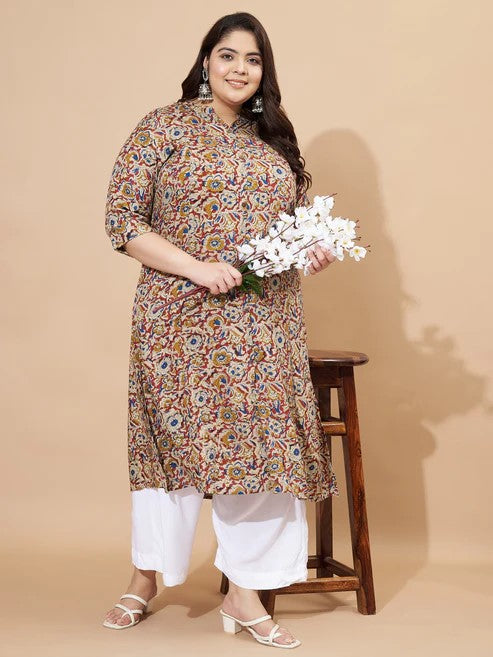 [Ready SG Stock] Plus Size Rayon Beige Floral A-Line Punjabi Kurta/ Top Only  [Indian Casual Dresses]