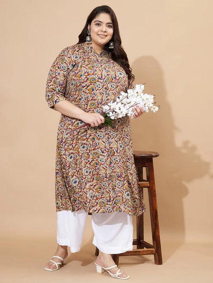 [Ready SG Stock] Plus Size Rayon Beige Floral A-Line Punjabi Kurta/ Top Only  [Indian Casual Dresses]