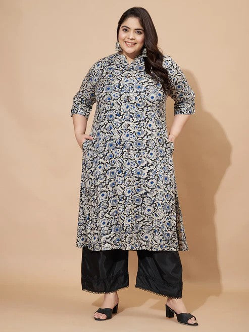 [Ready SG Stock] Plus Size Rayon Blue Floral A-Line Punjabi Kurta/ Top Only  [Indian Casual Dresses]