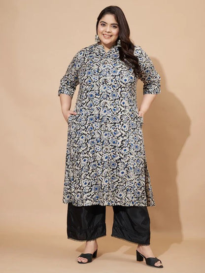 [Ready SG Stock] Plus Size Rayon Blue Floral A-Line Punjabi Kurta/ Top Only  [Indian Casual Dresses]