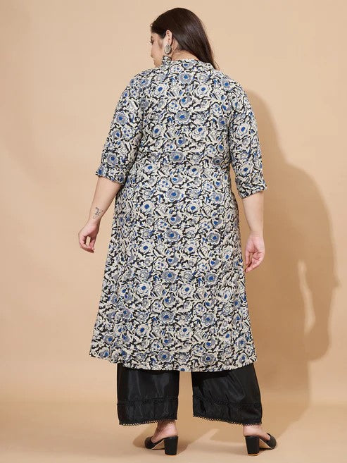 [Ready SG Stock] Plus Size Rayon Blue Floral A-Line Punjabi Kurta/ Top Only  [Indian Casual Dresses]