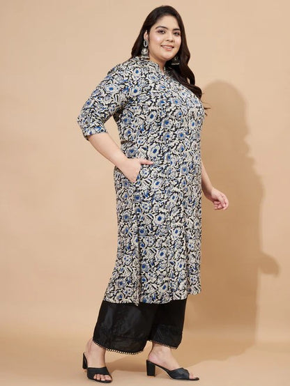 [Ready SG Stock] Plus Size Rayon Blue Floral A-Line Punjabi Kurta/ Top Only  [Indian Casual Dresses]