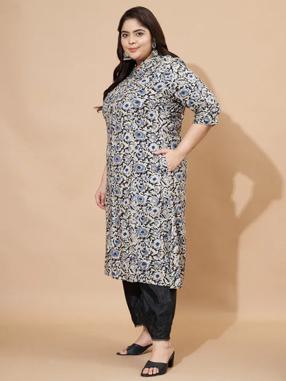 [Ready SG Stock] Plus Size Rayon Blue Floral A-Line Punjabi Kurta/ Top Only  [Indian Casual Dresses]