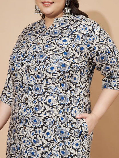 [Ready SG Stock] Plus Size Rayon Blue Floral A-Line Punjabi Kurta/ Top Only  [Indian Casual Dresses]