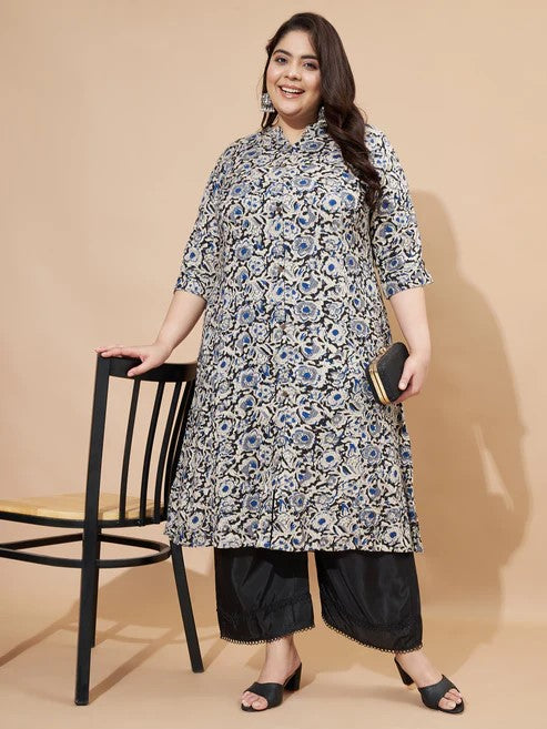 [Ready SG Stock] Plus Size Rayon Blue Floral A-Line Punjabi Kurta/ Top Only  [Indian Casual Dresses]