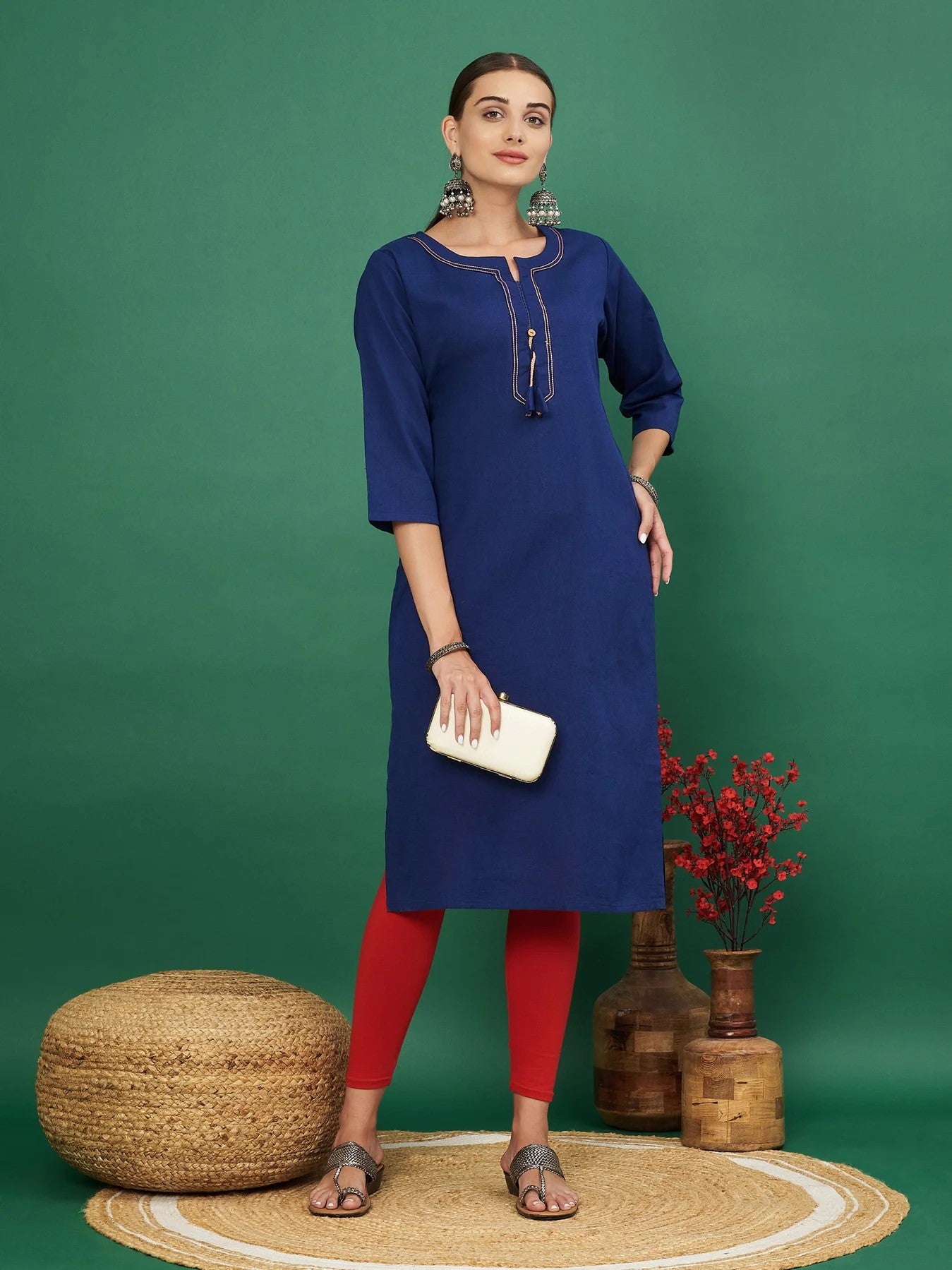 [Ready SG Stock] Blue Solid Straight Cotton Flex Punjabi Kurta Only Top - Indian Dresses