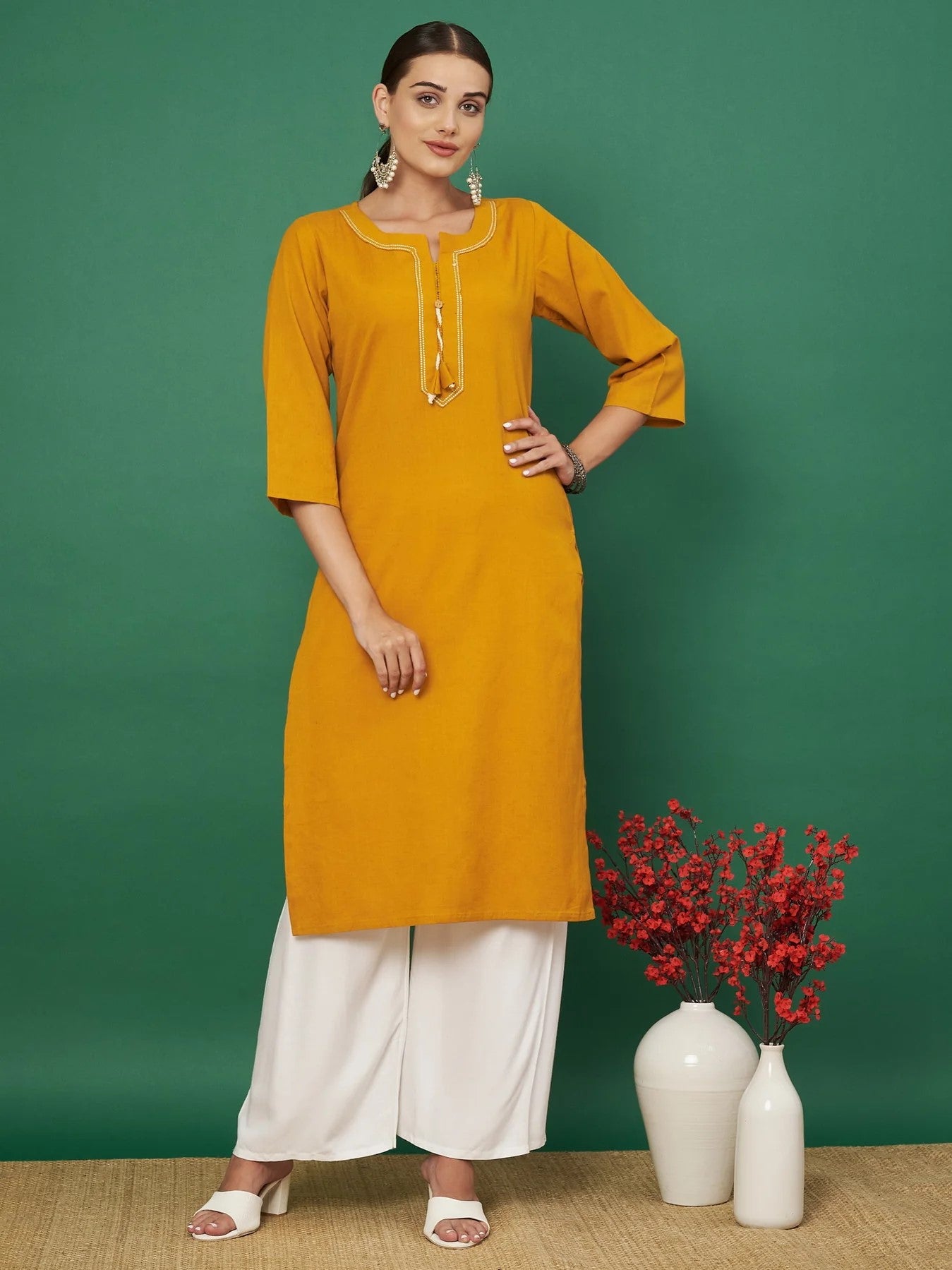 [Ready SG Stock] Yellow Solid Straight Cotton Flex Punjabi Kurta Only Top - Indian Dresses