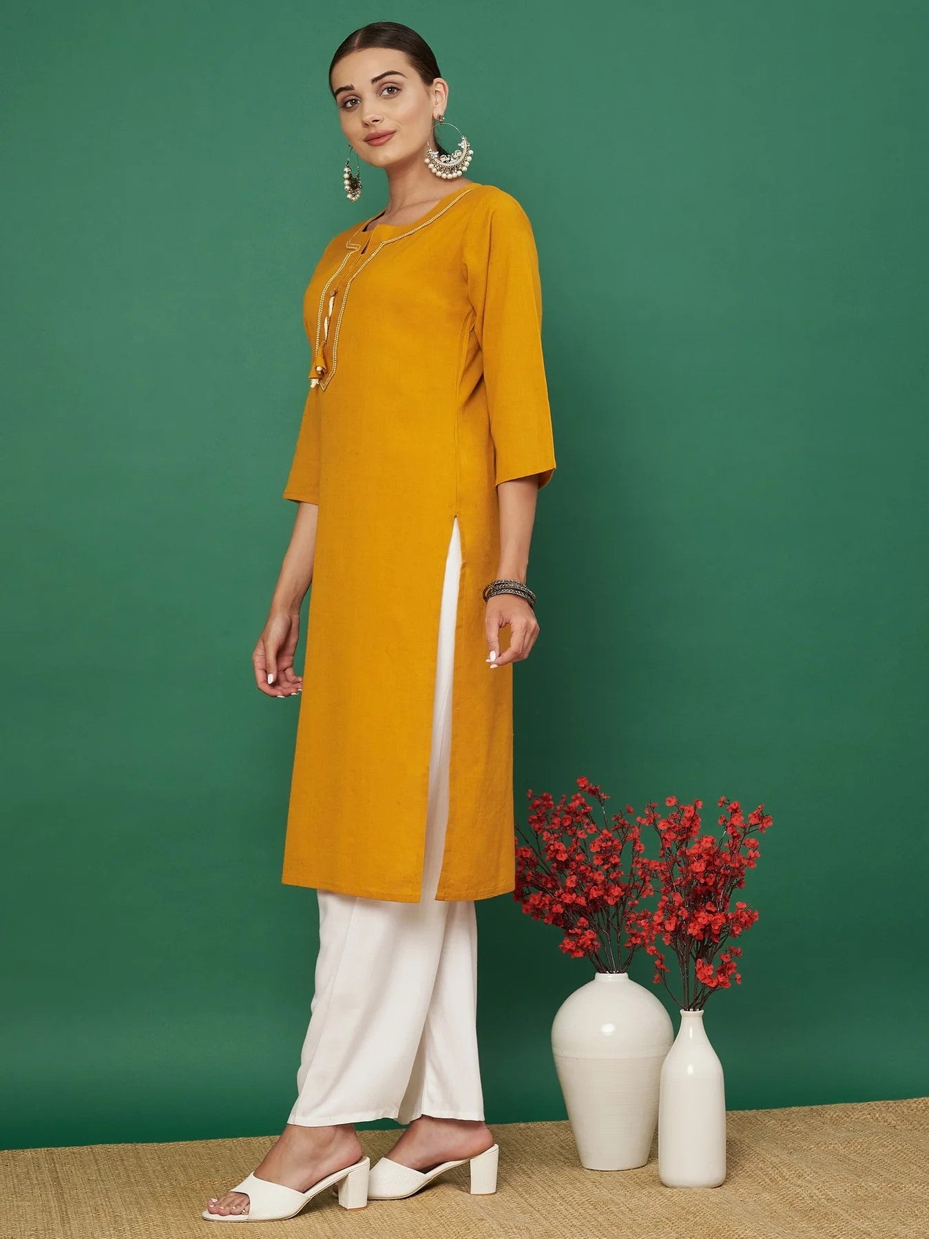 [Ready SG Stock] Yellow Solid Straight Cotton Flex Punjabi Kurta Only Top - Indian Dresses