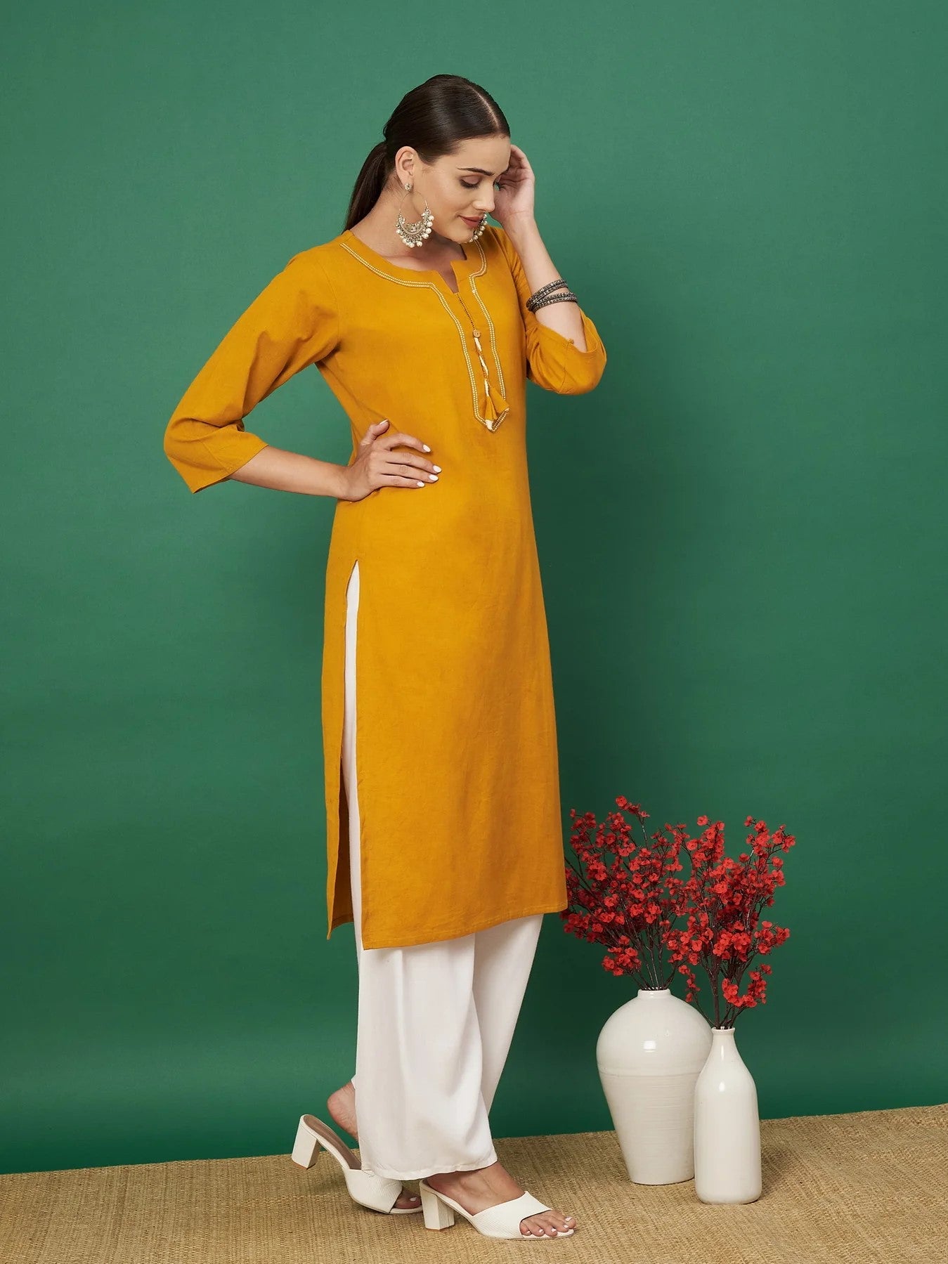 [Ready SG Stock] Yellow Solid Straight Cotton Flex Punjabi Kurta Only Top - Indian Dresses