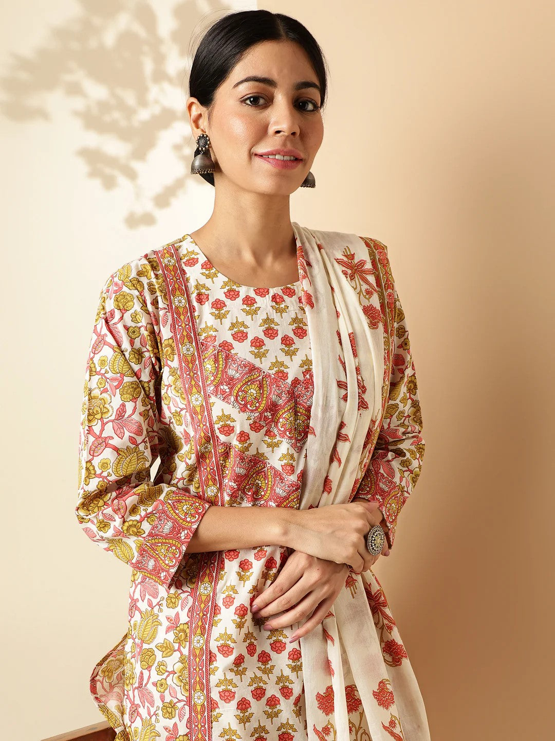 [ Ready SG Stock ] Red Floral Straight Cut Cotton Punjabi Suit with Dupatta [ Indian Dresses ]