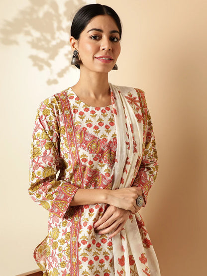 [ Ready SG Stock ] Red Floral Straight Cut Cotton Punjabi Suit with Dupatta [ Indian Dresses ]