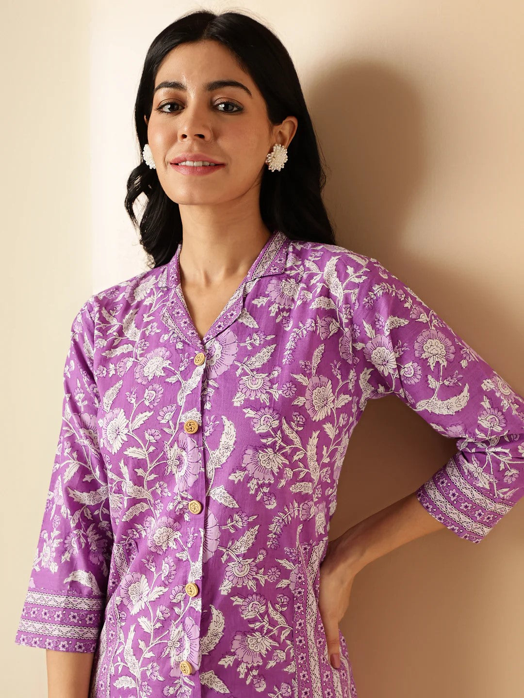 [Ready SG Stock] Lavender Floral Print Straight Cut Cotton Kurta / Only Top [Indian Dresses]
