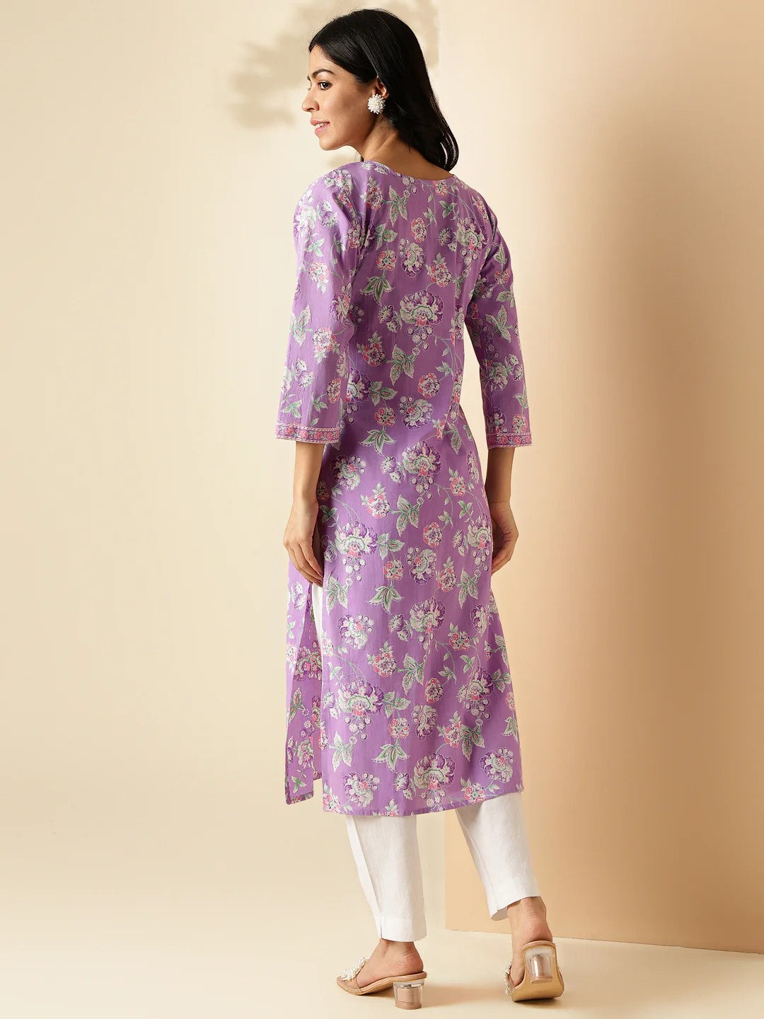 [Ready SG Stock] Lavender Floral Print Straight Cut Cotton Kurta / Only Top [Indian Dresses]