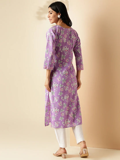 [Ready SG Stock] Lavender Floral Print Straight Cut Cotton Kurta / Only Top [Indian Dresses]