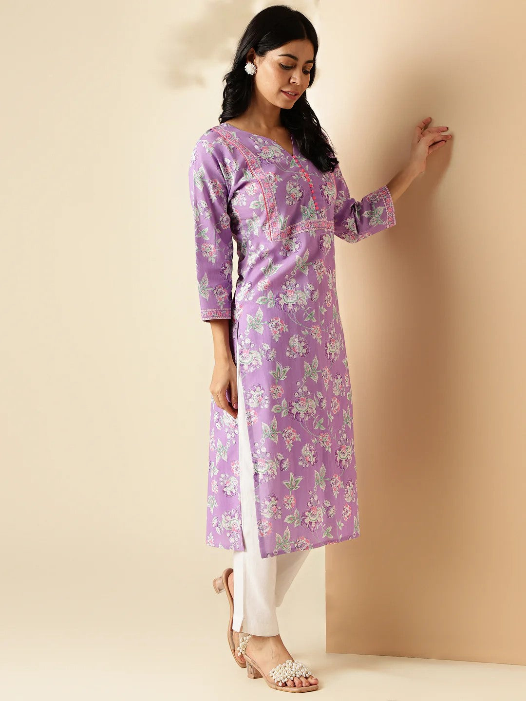 [Ready SG Stock] Lavender Floral Print Straight Cut Cotton Kurta / Only Top [Indian Dresses]