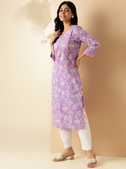 [Ready SG Stock] Lavender Floral Print Straight Cut Cotton Kurta / Only Top [Indian Dresses]