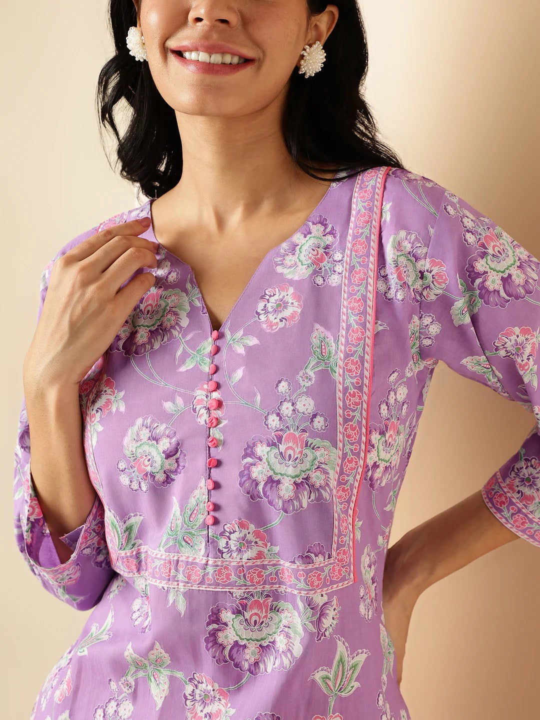 [Ready SG Stock] Lavender Floral Print Straight Cut Cotton Kurta / Only Top [Indian Dresses]