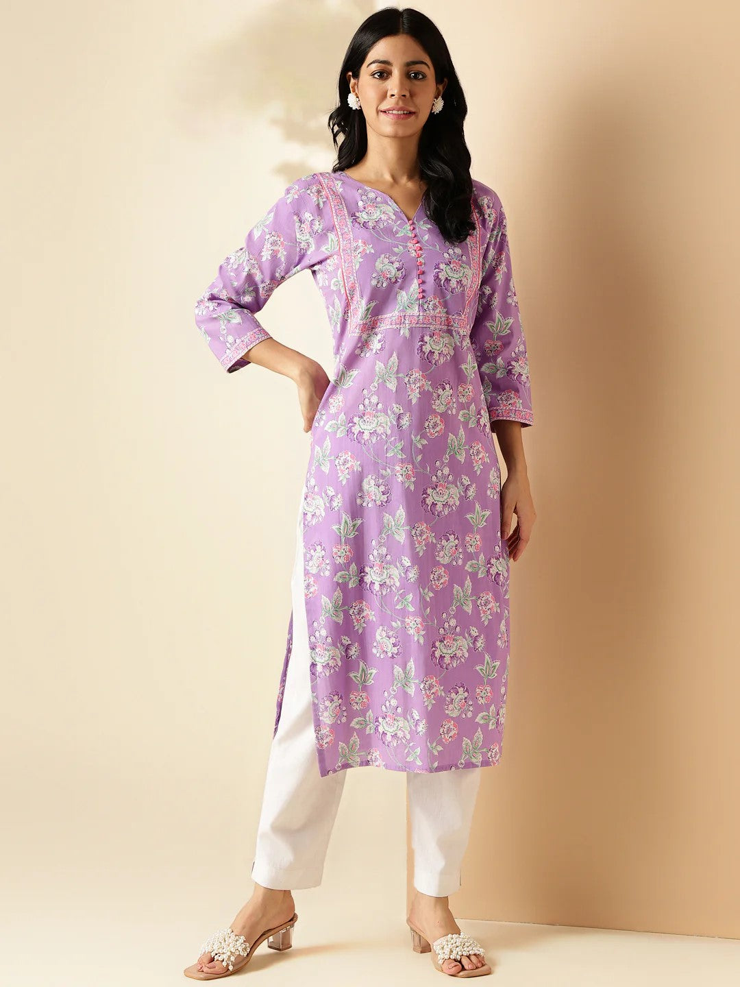 [Ready SG Stock] Lavender Floral Print Straight Cut Cotton Kurta / Only Top [Indian Dresses]
