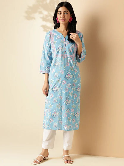 [Ready SG Stock] Sea Blue Floral Print Straight Cut Cotton Kurta / Only Top [Indian Dresses]