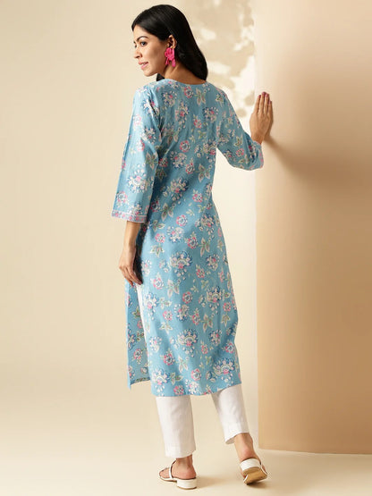 [Ready SG Stock] Sea Blue Floral Print Straight Cut Cotton Kurta / Only Top [Indian Dresses]