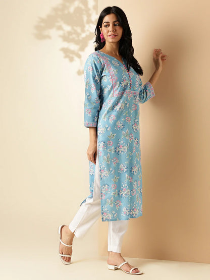 [Ready SG Stock] Sea Blue Floral Print Straight Cut Cotton Kurta / Only Top [Indian Dresses]