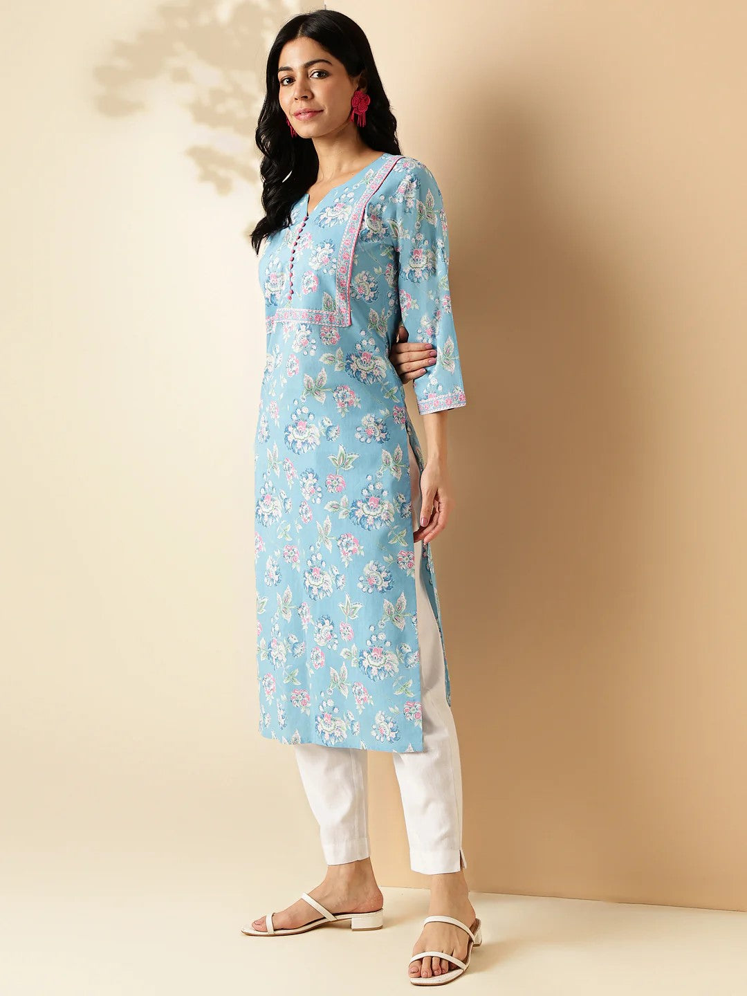 [Ready SG Stock] Sea Blue Floral Print Straight Cut Cotton Kurta / Only Top [Indian Dresses]