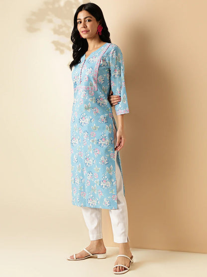 [Ready SG Stock] Sea Blue Floral Print Straight Cut Cotton Kurta / Only Top [Indian Dresses]