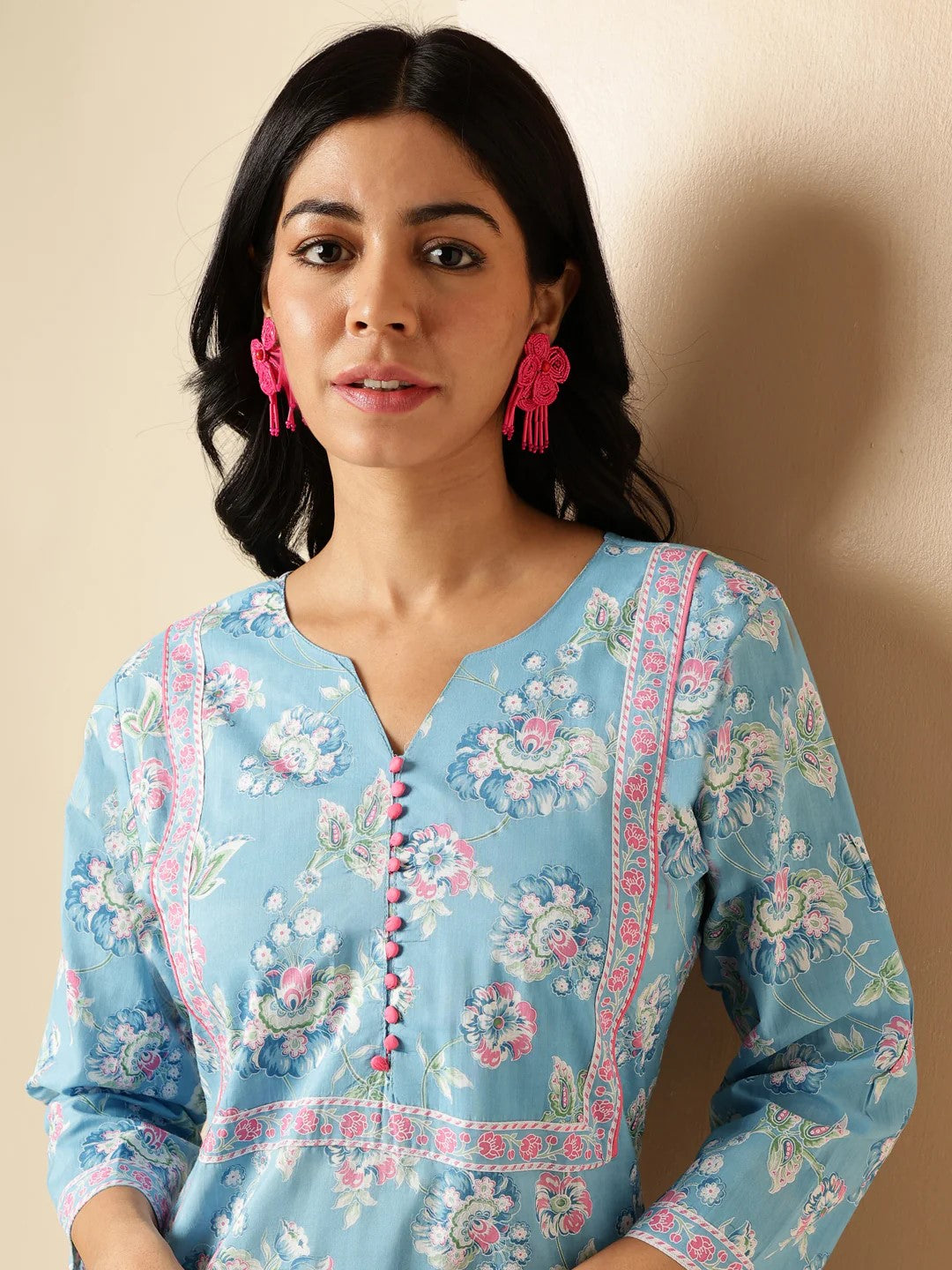 [Ready SG Stock] Sea Blue Floral Print Straight Cut Cotton Kurta / Only Top [Indian Dresses]