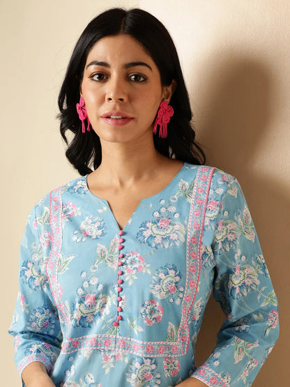 [Ready SG Stock] Sea Blue Floral Print Straight Cut Cotton Kurta / Only Top [Indian Dresses]