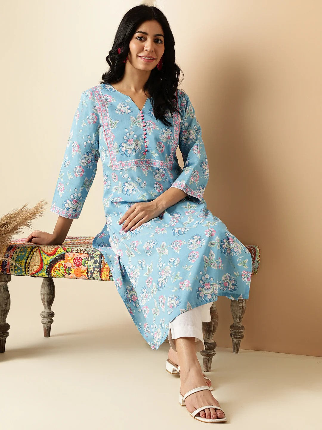 [Ready SG Stock] Sea Blue Floral Print Straight Cut Cotton Kurta / Only Top [Indian Dresses]