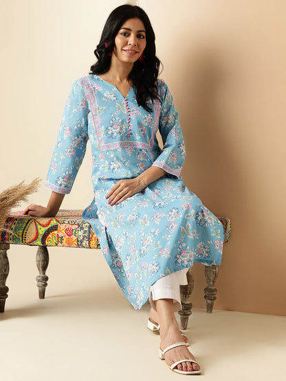 [Ready SG Stock] Sea Blue Floral Print Straight Cut Cotton Kurta / Only Top [Indian Dresses]