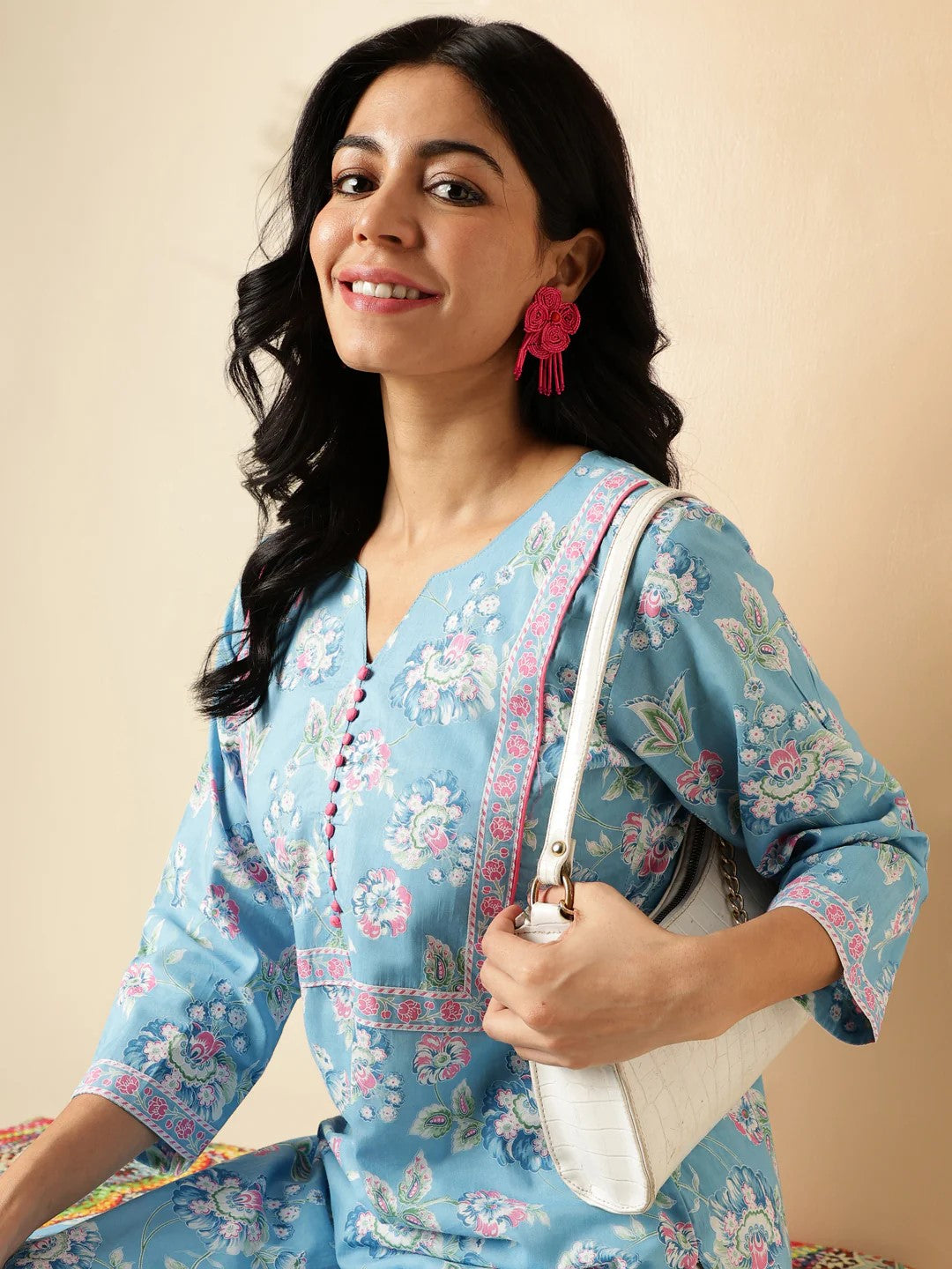 [Ready SG Stock] Sea Blue Floral Print Straight Cut Cotton Kurta / Only Top [Indian Dresses]