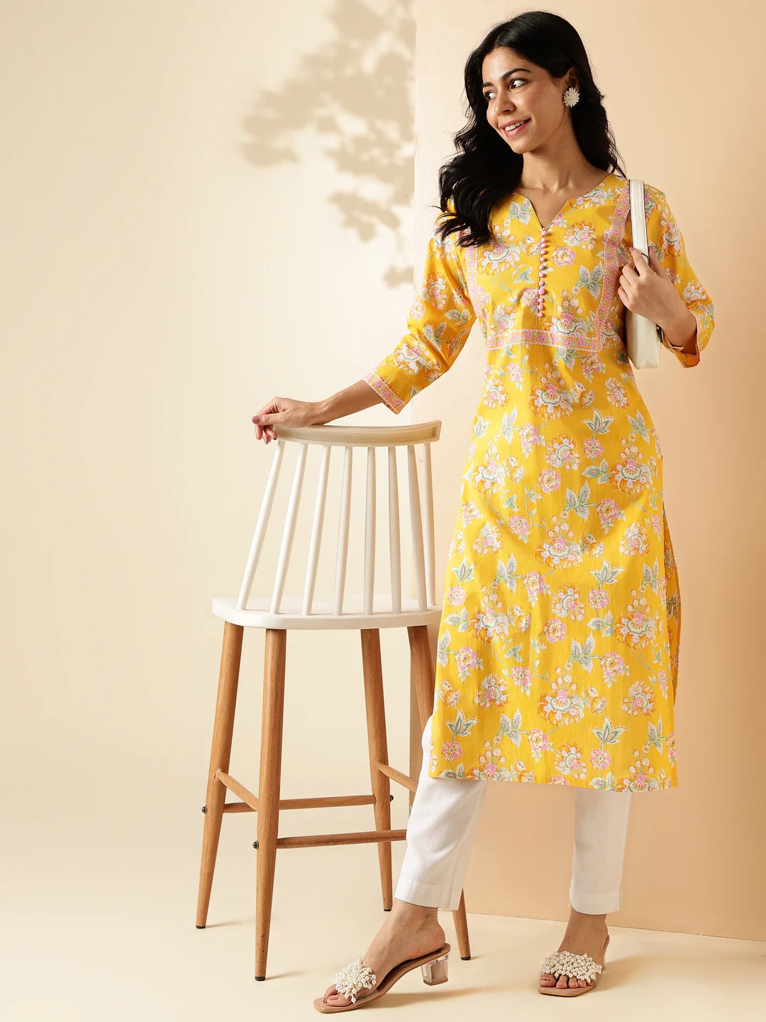 [Ready SG Stock] Yellow Floral Print Straight Cut Cotton Kurta / Only Top [Indian Dresses]