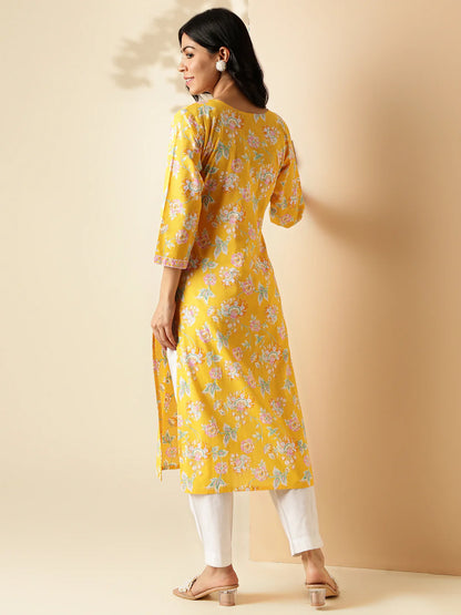 [Ready SG Stock] Yellow Floral Print Straight Cut Cotton Kurta / Only Top [Indian Dresses]