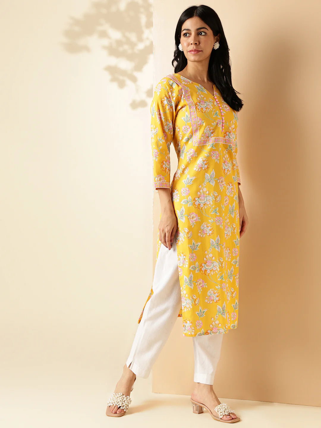 [Ready SG Stock] Yellow Floral Print Straight Cut Cotton Kurta / Only Top [Indian Dresses]