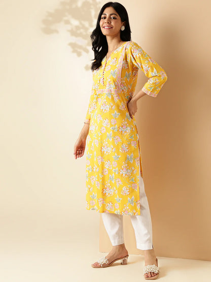 [Ready SG Stock] Yellow Floral Print Straight Cut Cotton Kurta / Only Top [Indian Dresses]